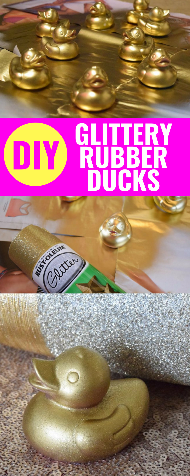 DIY Glittery Rubber Ducks - Get ready for your next party to sparkle with these easy DIY sparkly rubber ducks! - Rubber Ducks - Baby Shower Idea - Spray Paint Craft - Communikait by Kait Hanson #babyshower #rubberduck #craft #diy