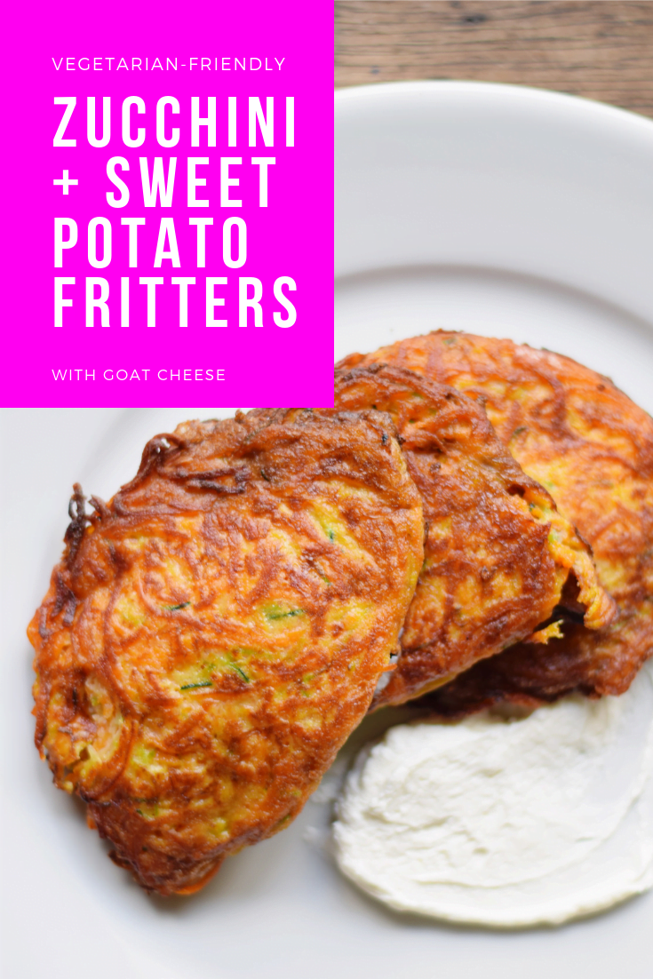 ZUCCHINI + SWEET POTATO FRITTERS WITH GOAT CHEESE | Zucchini Fritters - Sweet Potato Fritters - Vegetarian Snack - Zucchini Fritters Recipe - Best Zucchini Fritters - Le Jardin Marrakech - Green Giant Veggie Spirals - Vegetarian Meals - Recipes With Goat Cheese - #vegetarian #veggiespirals #recipe