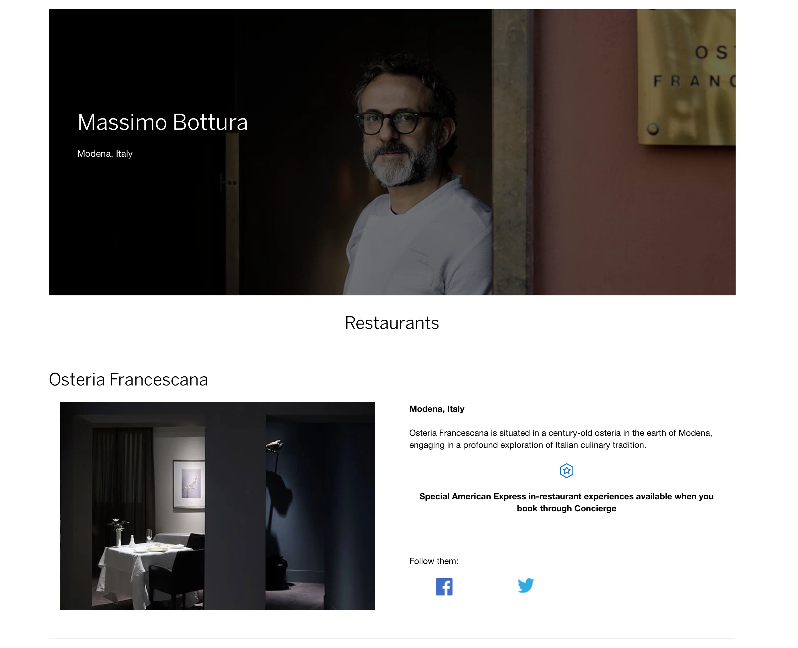 Screenshot of American Express Global Dining page, featuring Italian chef Massimo Bottura. 