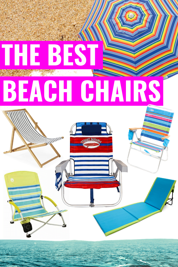 Collage of beach chairs with sand, water and beach umbrella. "The Best Beach Chairs" written on top. 