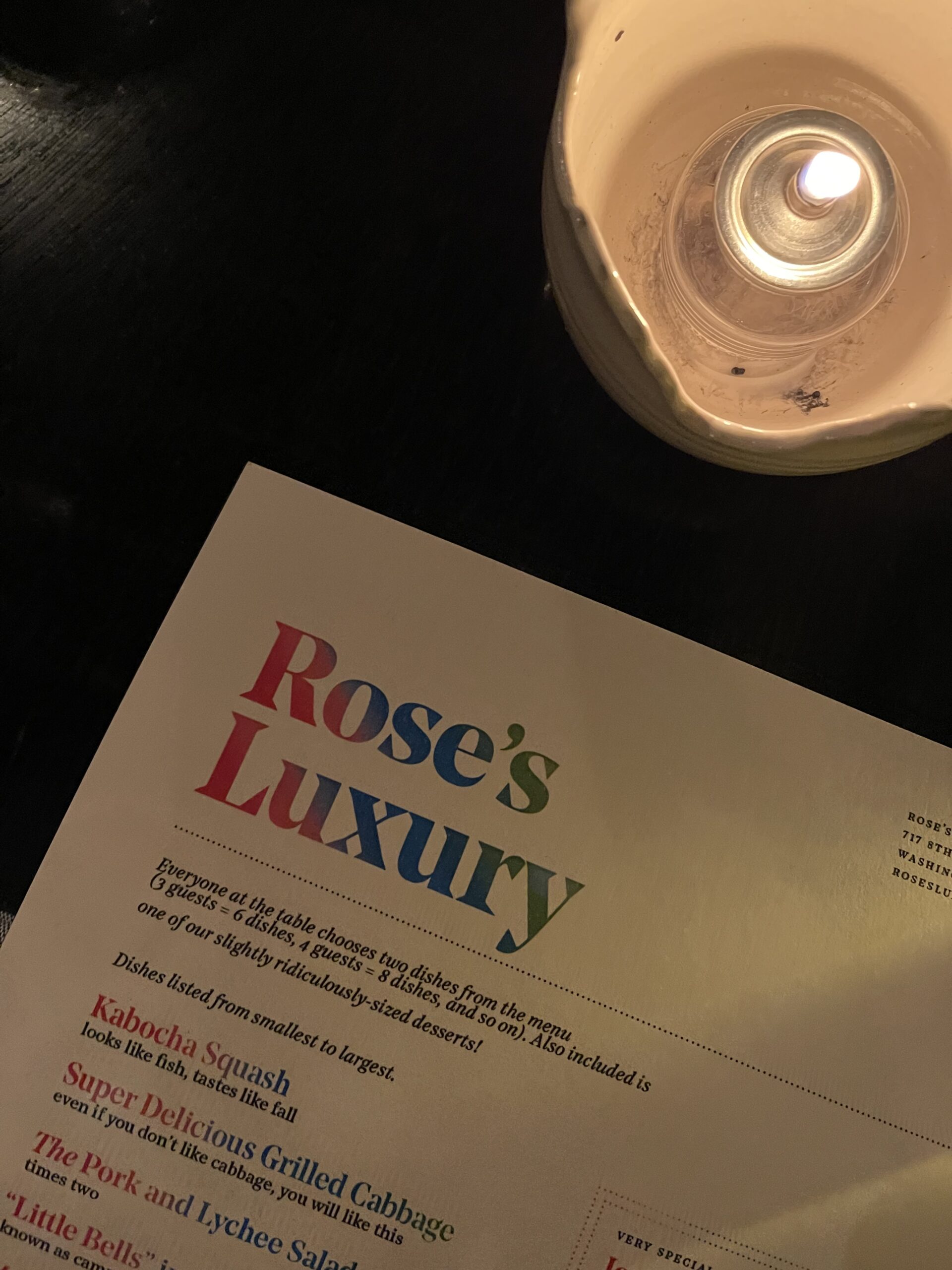 Rose's Luxury Dinner Menu